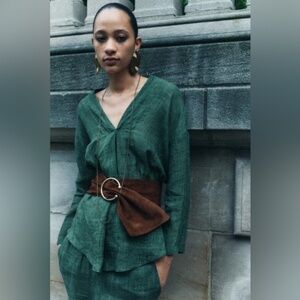 Zara - Ramie Voluminous Blouse ZW Collection - Green M